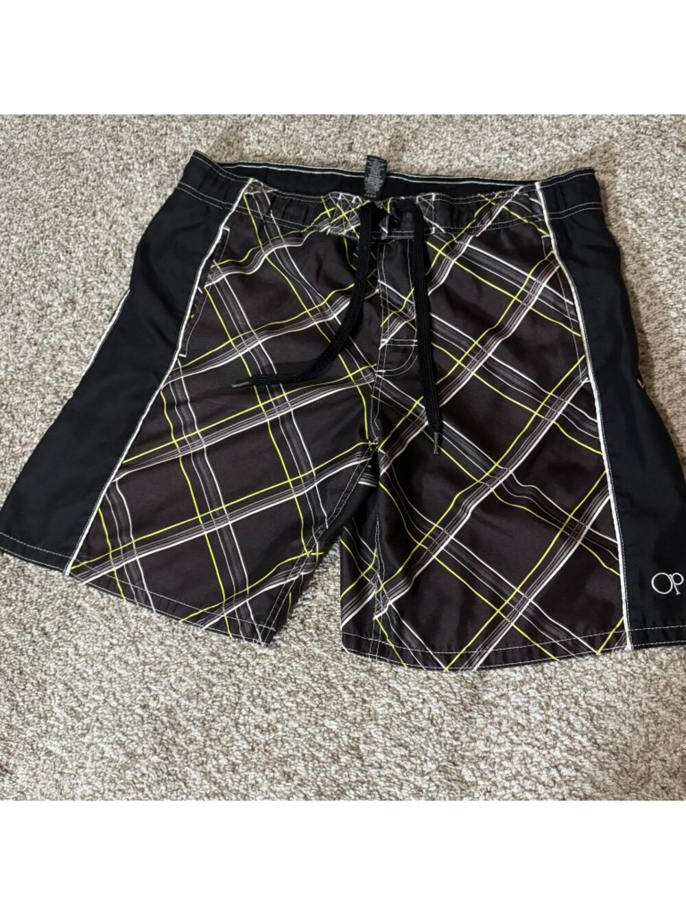 OP Board Shorts Swim Trunks Men's Medium 32-34 Black Plaid Mesh Lined Pockets